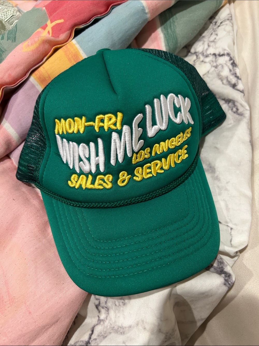 Wish Me Luck Embroidered Trucker Hat - Green
